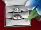14K White Gold Fn Diamond Bridal Engagement Ring His Her Trio Wedding Band Set