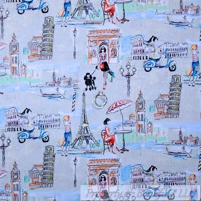 BonEful FABRIC FQ Cotton Quilt Gray Toile Girl French Paris Eiffel Tower Rome US - Image 1 of 4