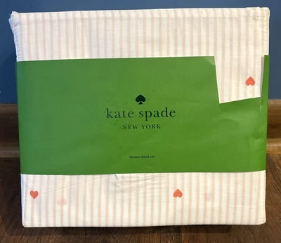 KATE SPADE QUEEN 100% Cotton Percale sheet set PINK stripes & hearts, Dmg Pkg - Image 1 of 2