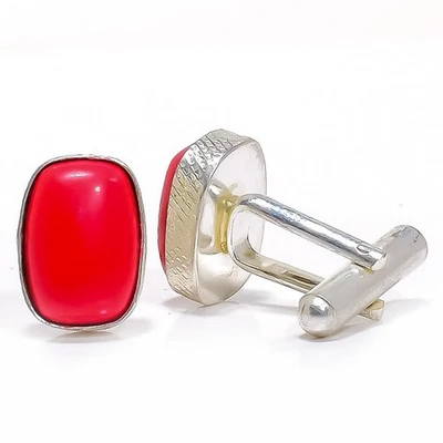 Coral Gemstone Silver Plated Jewelry Cufflink Mens W2430 M1554 - Image 1 of 4