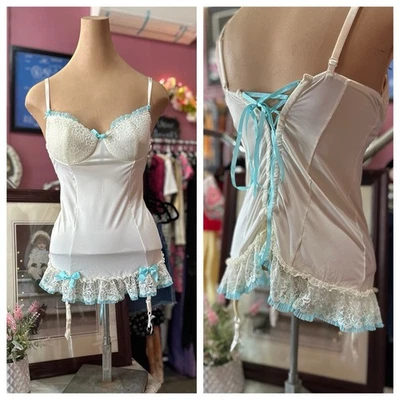 Corsé Bustier Vintage Y2K Años 2000 Victoria's Secret Blanco Azul Coqueta Volantes M Foto 1 de 4