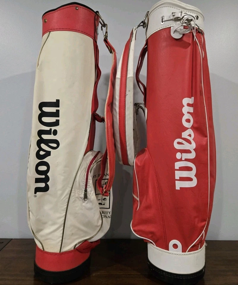 2 件 Wilson 复古高尔夫球袋红色和白色带肩带二手 — 第 1/4 张图片