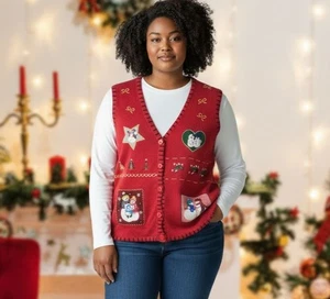 Holiday Editions Women's Christmas Sweater Vest Size XL Red Black Snowmen Stars  - Picture 1 of 9