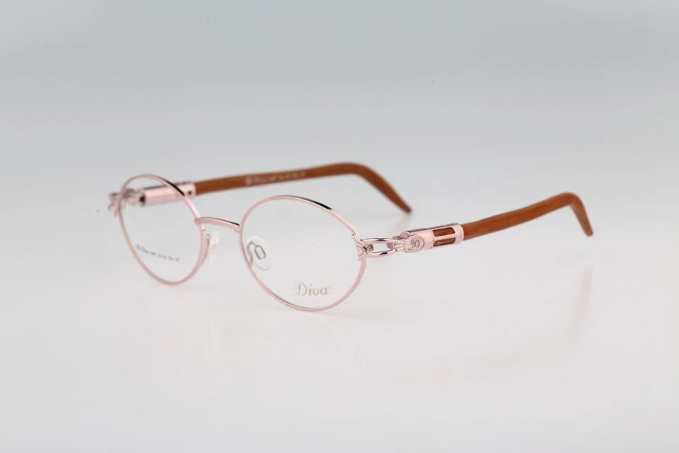 Diva 5095 127 Vintage 90s pink & genuine wood temples oval eyeglasses frames NOS - Image 1 of 4