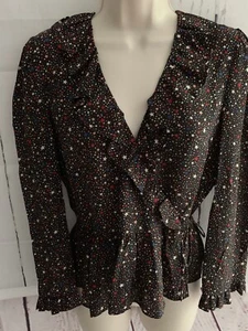 Blusa negra Madewell para mujer talla mediana con volantes de seda dobladillo envolvente noche estrellada - Imagen 1 de 12