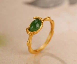 Anillo I02 hojas de bambú jade verde plata 925 dorado tamaño ajustable - Imagen 1 de 5