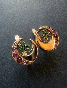 Antique 14k gold ruby emerald moon clover earrings - Picture 1 of 10