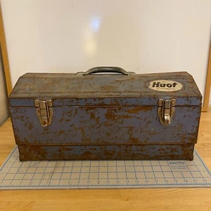 Vtg HUOT Steel Toolbox With a Tray-Hip Roof/Tombstone Top Open Tool Box USA - Picture 1 of 24