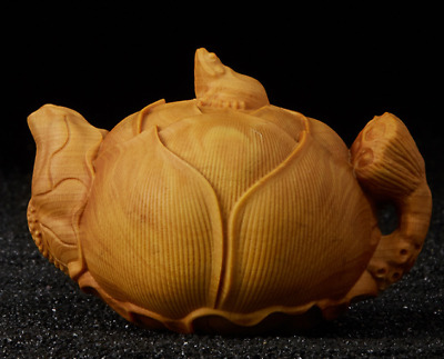 Pure Natural Boxwood China Hand Carved Lotus Leaf Frogs Statue Teapot 3.14inch • 0.01£
