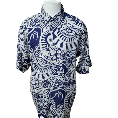 Guess Jeans Men's Size L Blue Rayon Aztec Print S/S Summer Casual Shirt - Image 1 of 4