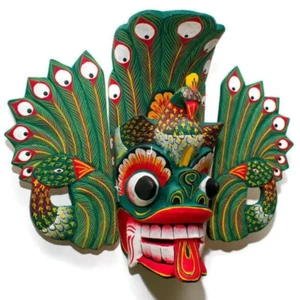 Sri Lankan Wooden Mask 12" Traditional peacock Devil Home Decor Hanging Mask 12" - Picture 1 of 21