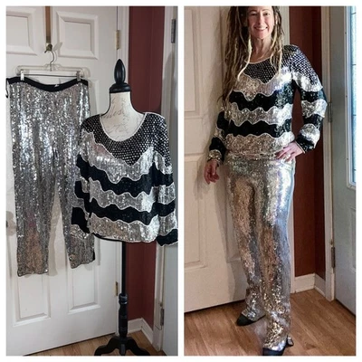Vintage Sequin Glam Faux Pearl 80s Silk Made In India Top Black Silver Sz Small - Image 1 of 4