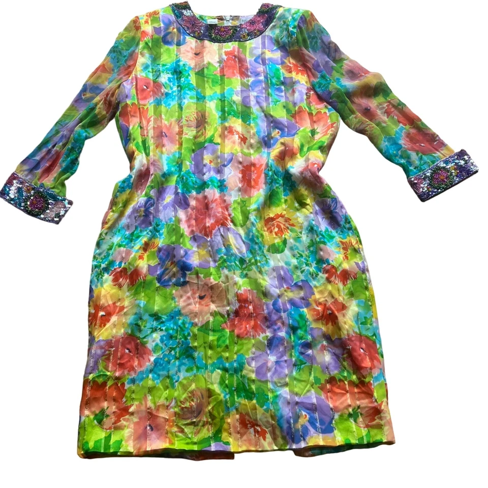 复古 20 世纪 80 年代 Bill Blass Neiman Marcus 16 码花卉丝绸金属串珠连衣裙 — 第 1/4 张图片