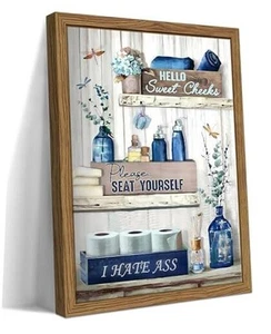 Bathroom Decor Wall Art, Framed Navy Rustic Farmhouse Canvas 24L" x 16W" Blue - Picture 1 of 7