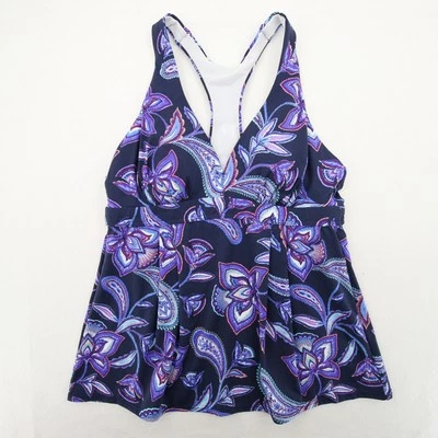 Camiseta Tankini Lands End Azul Marino Púrpura Cachemira Floral Cuello en V Espalda Corredora Talla 10 Foto 1 de 4