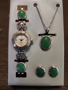 Vintage Avon Silvertone 5 Elements Faux Jade Beads Watch Earrings & Necklace Set - Picture 1 of 9