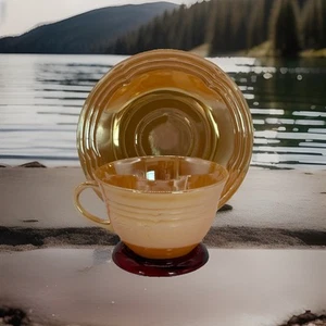 Anchor Hocking Fire King Peach Orange Lusterware Luster Cup Saucer Set - Picture 1 of 4