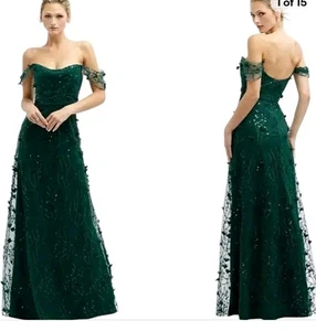 Abito nuovo con etichette collezione Dessy betulla 3D paillettes ricamo verde sempreverde taglia 0 - Foto 1 di 1