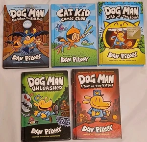 Lot of 5 Dog Man and Cat Kid Series Hardcover Books by Dav Pilkey FREE Shipping - Picture 1 of 3