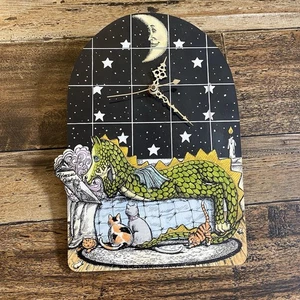 Vtg Susan Feves Wooden Wall Clock 1989 Dragon & Cats Whimsical Medieval Handmade - Picture 1 of 6