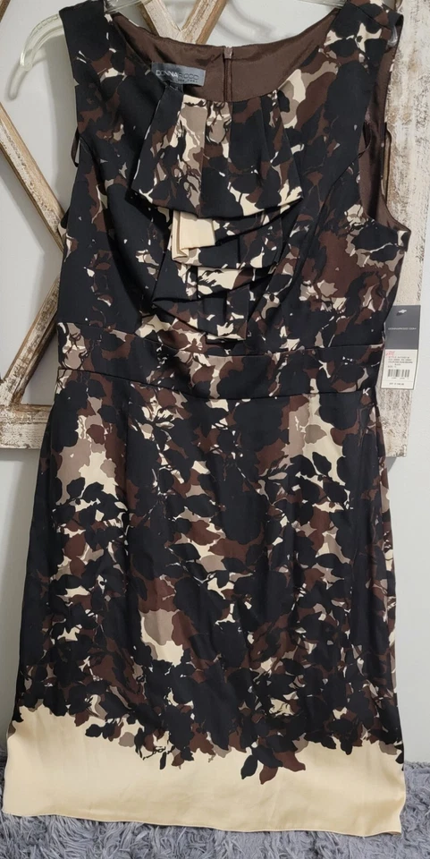Vestido Donna Ricco Sin Mangas con Volantes Marrón Negro Abstracto Floral Talla 14 Nuevo con Etiquetas Foto 1 de 4