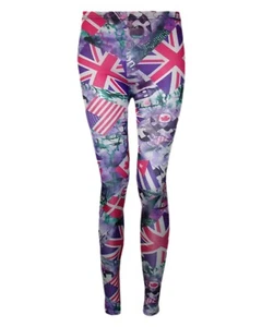 Girls Leggings Flags English UK USA Canada Purple Beige Pants Stretch 7-13 Years - Picture 1 of 4
