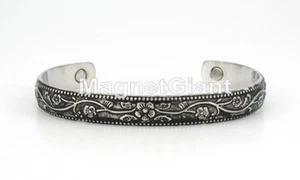 Flower - Silver plating on Solid Copper Magnetic Bangle Bracelet Cuff - BG50S - Picture 1 of 1