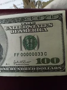 Fancy serial number LOW SERIAL NUMBER $100 -00000033 Atlanta series C 2003 - Picture 1 of 3