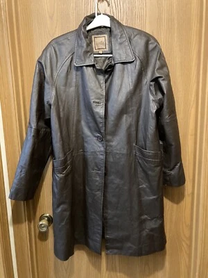 Excelled Collection Mujer Talla L Abrigo Chaqueta Cuero Marrón Forrado en Trinchera Aislado Foto 1 de 4