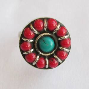 Tibetan Silver Turquoise Red Coral Original Jewelry Adjustable Round Ring R35 - Picture 1 of 7