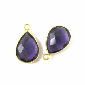 Bezel Gem Pendant Gold plated- Amethyst Quartz -Small Teardrop- 10x14mm (2pcs) - Picture 1 of 4