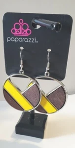 Pierced Dangle Earrings Silver-tone, Yellow & Brown Wood Round New - Picture 1 of 6