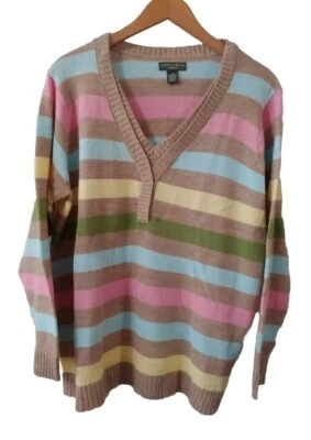 Suéter Mountain Lake para mujer 1X Pullover marrón a rayas cuello en V Foto 1 de 4