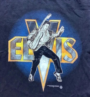 Vtg 90s Elvis Presley T Shirt Spell Out Rock Band Concert Rockabilly Logo Medium Foto 1 de 4