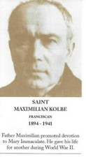 Holy Card of Saint Maximilian Mary Kolbe Plus a 1" Silver Oxidized Medal 