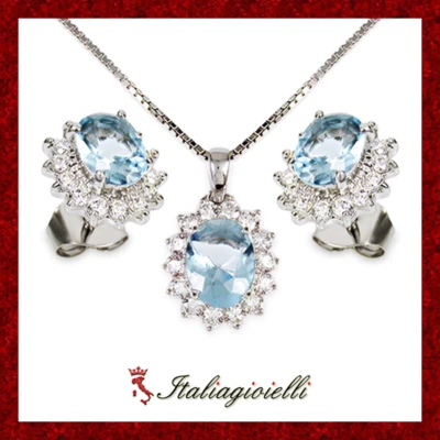 Sfarzosa Parure Brillante con Acquamarina in Argento 925 Rodiato Oro Bianco - Immagine 1 di 4