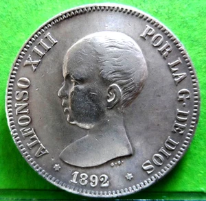 VF+, ALFONSO XIII,  5 Pesetas, 1892 Stars 18 - 92, Silver, SPAIN - Picture 1 of 2
