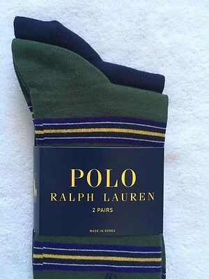 Calcetines Polo Ralph Lauren~Paquete de 2~Rayas Verdes Cazador/Azul Marino Sólido~NUEVOS CON ETIQUETAS Foto 1 de 4