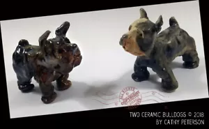 Pair of Bulldogs © 2018 Cathy Peterson DOG Figurines Fired Clay Boston Terriers - Picture 1 of 12