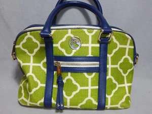 Spartina 449 Signature green & white linen pattern w/ navy blue handle handbag - Picture 1 of 15