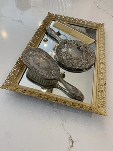 Vintage Sterling Handspiegel Bürste & Kamm Waschtisch Set mit verspiegeltem Tablett Rahmen - Bild 1 von 18