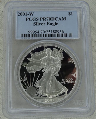 Moneda de 1 dólar águila de plata 2001-W prueba graduación profesional pr 70 dcam Estados Unidos como nueva Foto 1 de 2