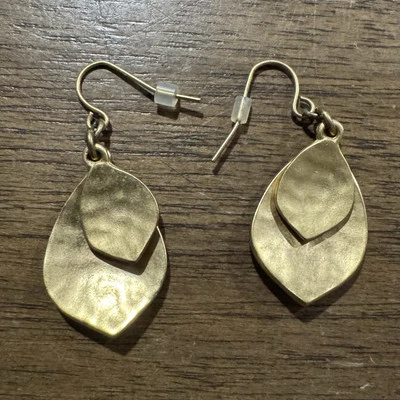 Vtg Ralph Lauren Pierced Earrings Gold Tone Hammered Layered Teardrop Marked RLL - Image 1 of 4