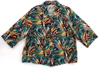 CJ Banks Women's Jacket Sz 1X Festive Tropical Palm Leaf Linen Blend Button Up  - Image 1 of 4