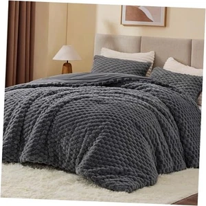Fluffy Queen Comforter Set - Grey Fleece Soft Comforter for Queen Size Bed, - Picture 1 of 7
