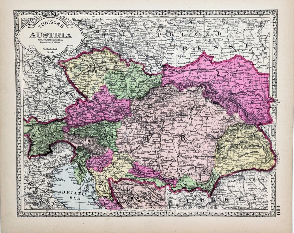 Mapa da ÁUSTRIA 1887 ORIGINAL (12X9) TIROL - VIENA - BOÊMIA - CROÁCIA - Imagem 1 de 4