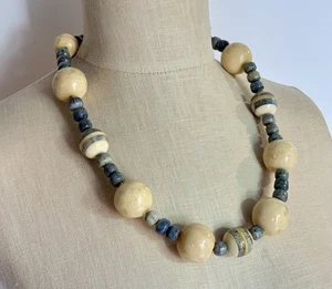 Handcrafted Chunky Ceramic Beaded Necklace – Blue & Cream Statement Jewelry - Picture 1 of 12