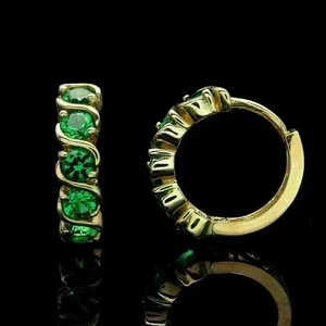 2Ct Round Cut Natural Green Emerald Huggie Hoop Earrings 14K Yellow Gold Plated - Picture 1 of 9