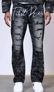 Pantalones de mezclilla relajados desgastados con estrás First Row para hombre 36x31 nuevos negros - Imagen 1 de 5