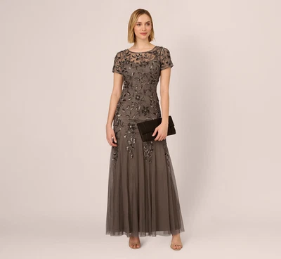Adrianna Papell Hand Beaded Short Sleeve Floral Godet Gown In Lead Size 6 $300 - Image 1 of 4